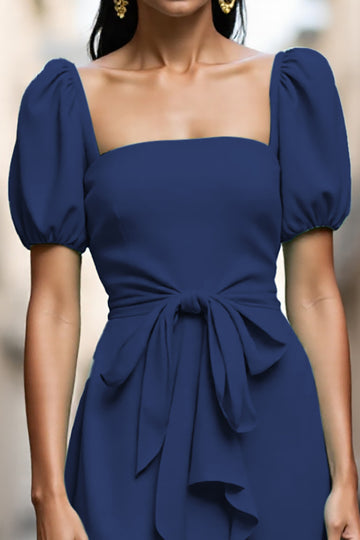 Navy A Line Ruffled Work Dress with Sash